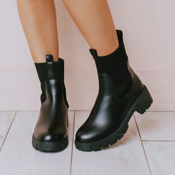 NEW Black Chunky Lug Sole Platform Elastic Cute Ankle Sock Boots Chelsea Bootie - Picture 11 of 12